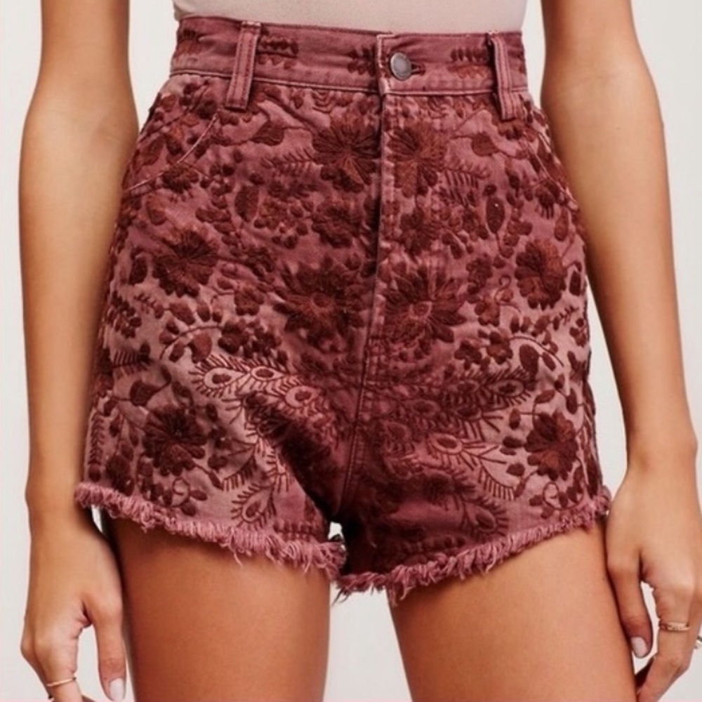 Free People Denim Embroidered Shorts